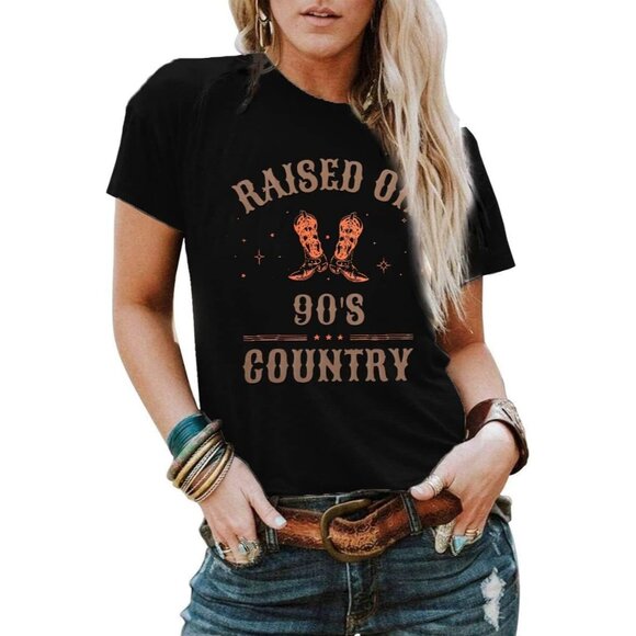 🆕 Women Black Raised on 90s Country Tops Vintage Music Graphic Casual T-Shirt - Picture 2 of 6
